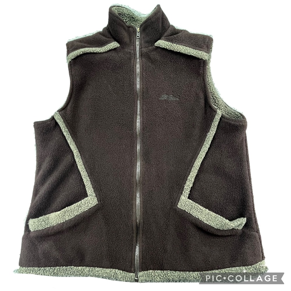 LL Bean Womens Fleece Vest Large Brown Sherpa Lined Sleeveless Zip Up